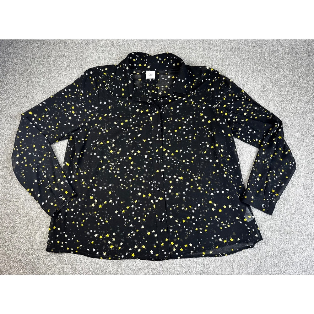 Cabi Blouse‎ Womens XL Black Galaxy Star Print Sheer Button Down 3592 Celestial